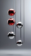 A Pundolem-Inspired Shiny Newton's Cradle Variant, Featuring Luminous Ruby-Red and Polished Silver Orbs Suspended in a Linear Cascade Against a Seamless Gradient of Soft Grey