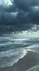 Obraz premium A dramatic seascape with waves and dark storm clouds above.