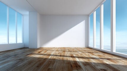 Obraz premium Sunlit Empty Room with Panoramic Windows