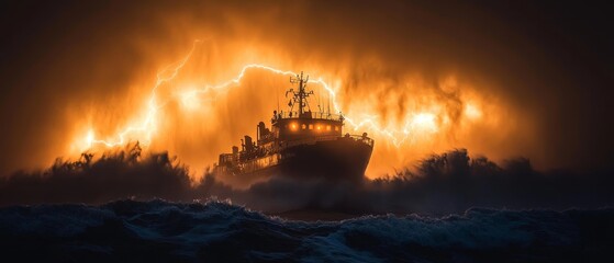 dramatic stormy sea with a lighthouse standing strong against crashing waves and lightning illuminating the clouds, Generative AI