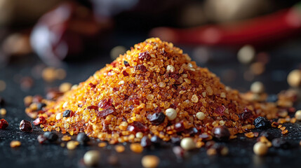 Chili flakes pile on dark surface