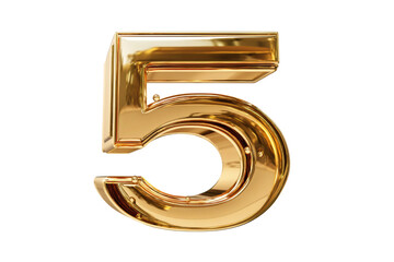 Golden number five with shiny metallic finish on white background, cut out