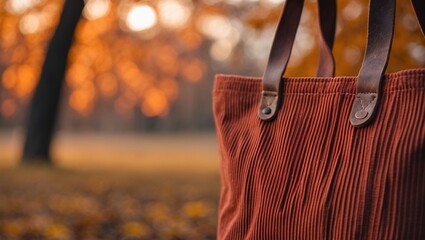 Brown corduroy tote bag with leather straps in an autumnal setting. Perfect for fall fashion blogs, seasonal marketing campaigns, and lifestyle articles.