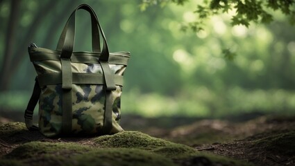 Camouflage tote bag set in forest, perfect for outdoor enthusiasts, nature lovers, and eco conscious individuals looking for stylish accessories.