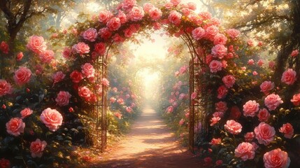 Sunlit garden pathway with blooming pink rose arch and abundant rose bushes creating a romantic and serene atmosphere