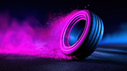 A vibrant pink smoke trail follows a spinning tire on a dark asphalt road at night