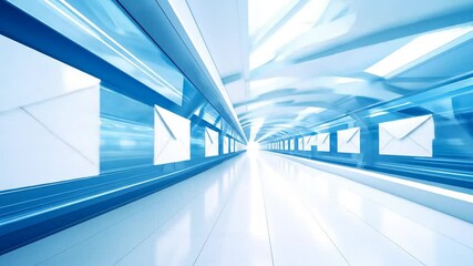 Abstract blue background with flying mail envelopes in a futuristic tunnel visual - Powered by Adobe