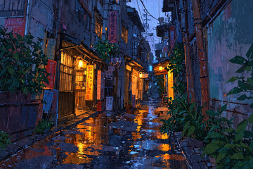 Fototapeta premium A dimly lit narrow stone alley in old Japan style glows under soft rain with puddles reflecting warm neon shop signs and distant lamps, rendered in anime cinematic style with dark