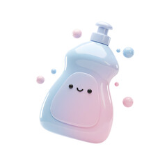 Cute kawaii-style baby soap bottle with a smiling face with colorful bubbles floating around