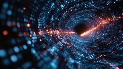Obraz premium Abstract tunnel of glowing blue and orange digital data particles swirling towards a dark center, evoking a sense of motion and futuristic technology
