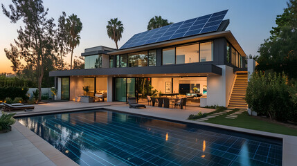Fototapeta premium A state-of-the-art smart home featuring solar panels, automated lighting, energy-efficient appliances, and climate control systems, all powered by renewable energy sources.