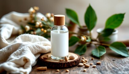"antibacterial gel bottle with bamboo cap, eco friendly props, soft bokeh of nature, minimalist flat lay, upper half text ready."