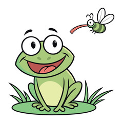 Fototapeta premium Cheerful cartoon frog is sitting on the grass with a fly nearby