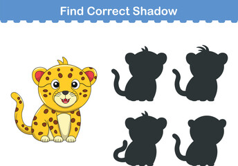 Funny cartoon cheetah. find the correct shadow. Kids Education games. Cartoon vector illustration
