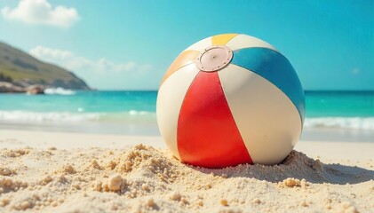A sandy beach scene with a comically oversized beach ball deflating, creating a humorous juxtaposition of expectation and reality , humor, tropical, amusing