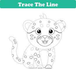 Handwriting Practice. Tracing lines and coloring cheetah for children. Vector Illustration