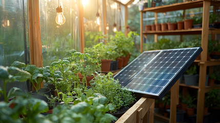 Fototapeta premium A step-by-step guide for using mini solar panels to power a small greenhouse, providing energy for fans, lights, and watering systems in a sustainable way.