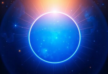 Obraz premium Blue circular light frame with overlapping gold ray motion, galaxy backdrop, luxury style, opulent, light frame