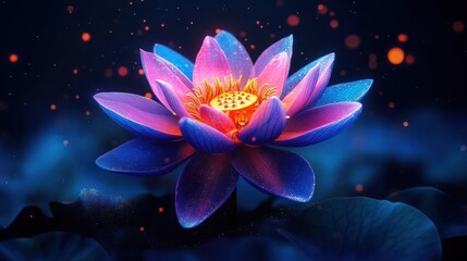 Close-up of a vibrant, glowing lotus flower with pink and blue petals and a golden center surrounded by dark blue leaves and glowing orange particles, evoking a magical and serene atmosphere