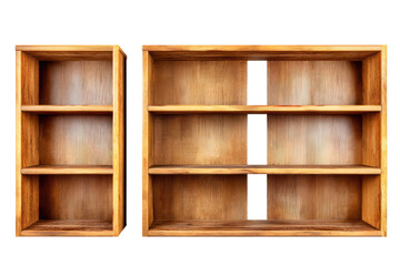 Two wooden bookshelves with empty shelves in various sizes, cut out