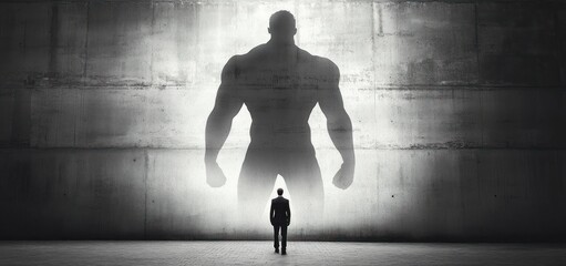 Small man standing facing a large shadow of a muscular figure projected on a concrete wall symbolizing inner strength or confidence
