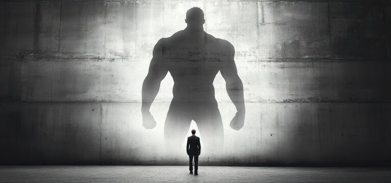 Small man standing facing a large shadow of a muscular figure projected on a concrete wall symbolizing inner strength or confidence