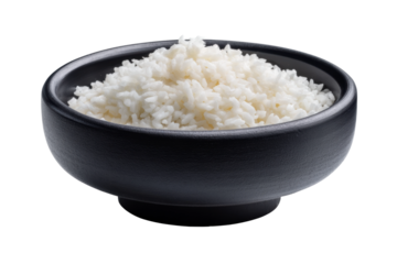 Bowl of steamed white rice in a black ceramic dish on black background, cut out