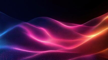 Obraz premium Colorful flowing wave of glowing dots in blue, pink, purple, and orange against a dark background, creating a digital abstract landscape with smooth curves