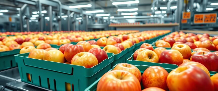 Clean, fresh apples ready for automated packing in a modern food processing facility, machinery, agriculture