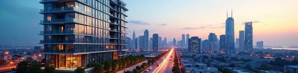 Obraz premium Modern condo office building with sleek glass facade and urban skyline backdrop Ideal for business, real estate, and architectural marketing , rooftop, property, elegance
