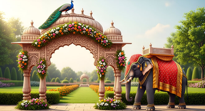 Traditional Indian Jaipur style decorative arch, palace garden themed wedding frame with elephant, peacock, flower illustration