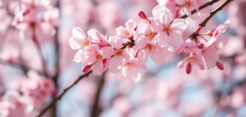 Fototapeta premium Close-up of delicate pink sakura blossoms, soft focus, bright spring light, ample copy space, nature photography, soft