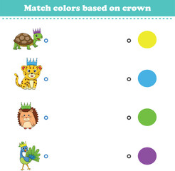 Match the color of the animal's crown. Educational game for color recognition