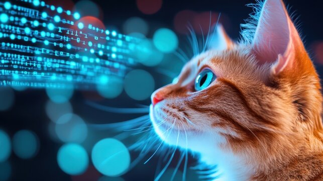 Bright-eyed cat immersed in cyber space, eyes reflecting glowing binary numbers