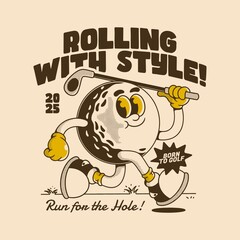 Funny Golf Ball Cartoon Running with Club in Hand
