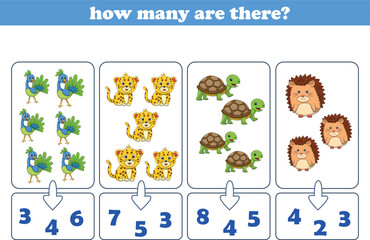 Counting game of wild animals for preschool kids. Printable. Vector Illustration