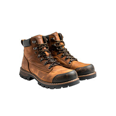 Brown leather hiking boots on men dark work duty gear on transparent background