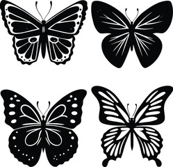 Four Black and White Butterfly Silhouettes Set