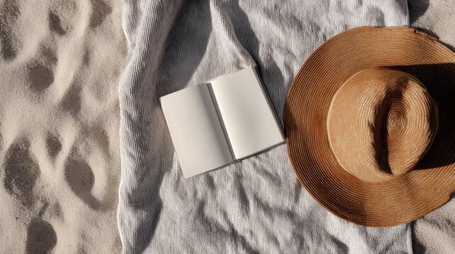 Top-down view of straw hat and blank book on beach towel in sand  