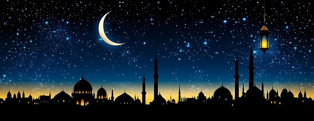 Naklejka premium Crescent moon, starry night, city skyline