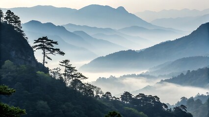 Tranquil mountain vista with mist shrouded peaks evokes peace in a serene landscape captured in soft