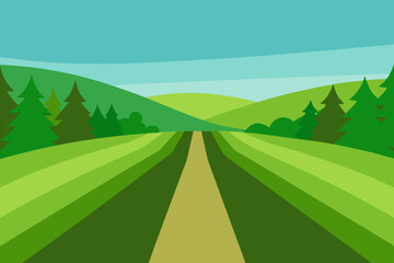 Fototapeta premium Rural mountain road winding through a green forest landscape with a summer sky
