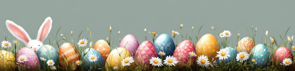 Colorful patterned Easter eggs arranged in grass with white daisies and a cute white bunny peeking out, evoking a festive and cheerful springtime atmosphere