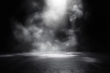 Dark empty concrete floor with spotlight creating misty smoke and fog effect in a dramatic atmosphere