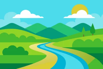 Gardinen Vector cartoon illustration of a summer nature landscape with green hills, a road to mountains, fields, and a clear sky with clouds © Id