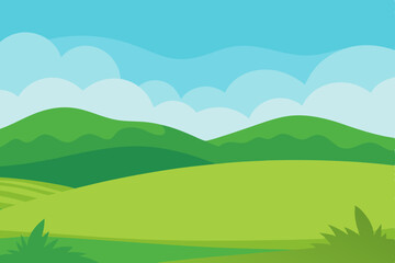 Obraz premium Green nature landscape with blue sky, mountains, and grass