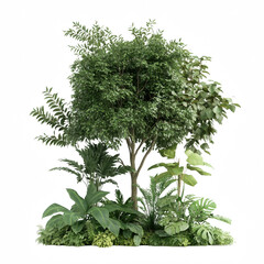 Lush green tree surrounded by tropical plants in a vibrant natural setting.