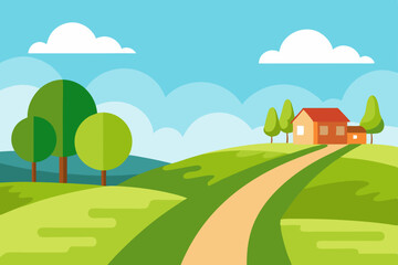 Fototapeta premium Summer rural landscape with houses, road, green grass, blue sky, and trees on rolling hills