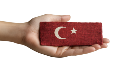 hand holding flag of turkey cutout isolated on PNG white background.