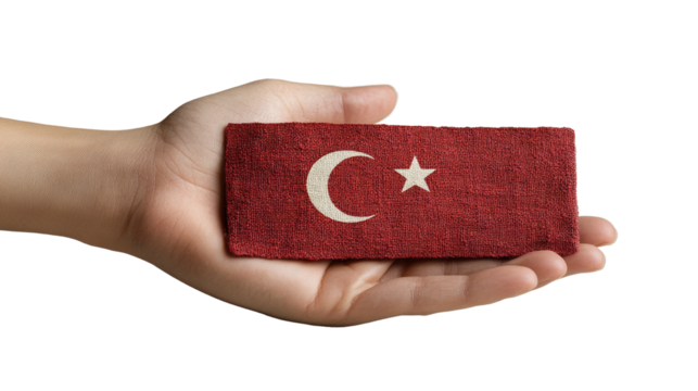 hand holding flag of turkey cutout isolated on PNG white background.